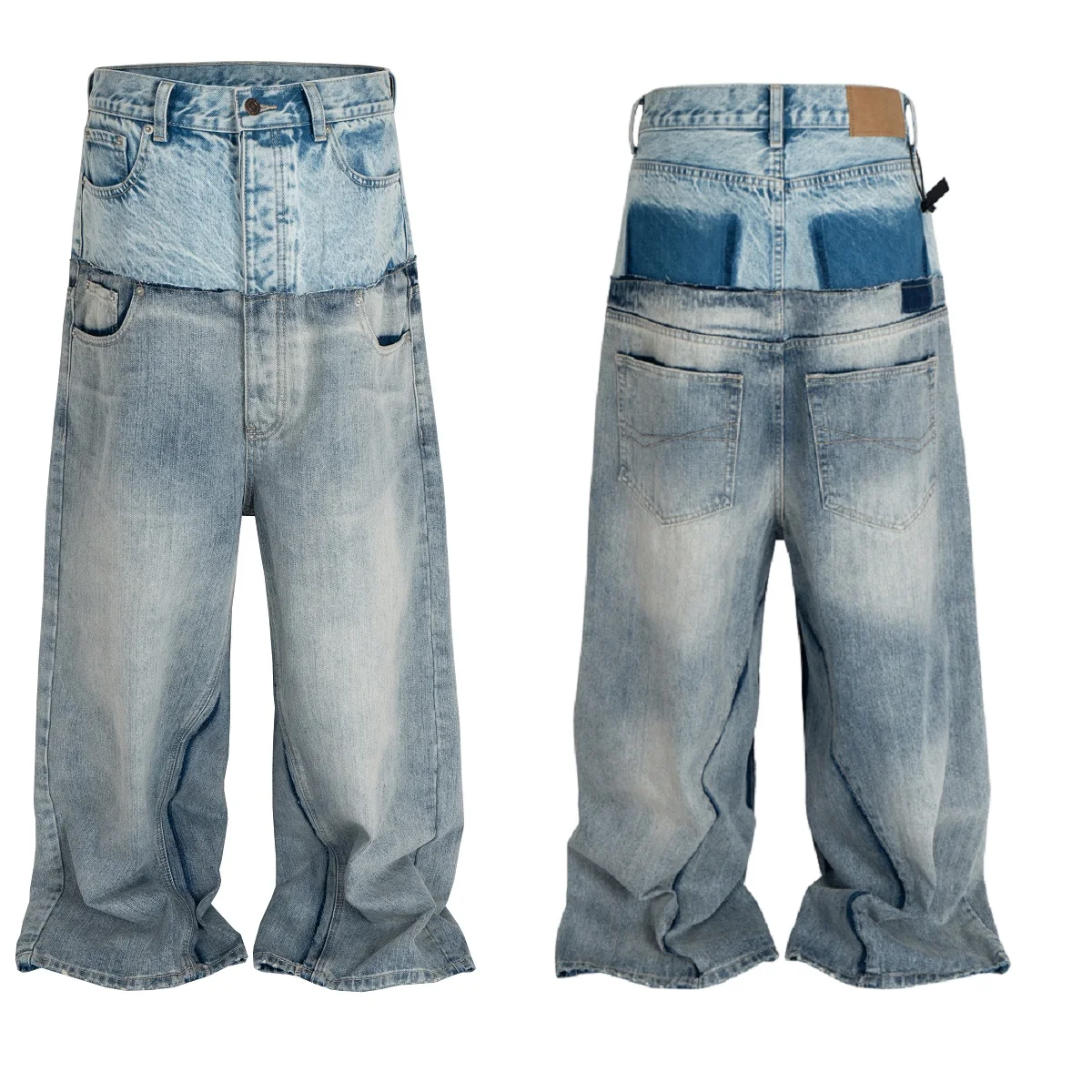 

CUT-UP Double-layer Double Waist Patchwork Baggy Jeans for Men Women Straight Casual Loose Denim Trousers Oversized Streetwear