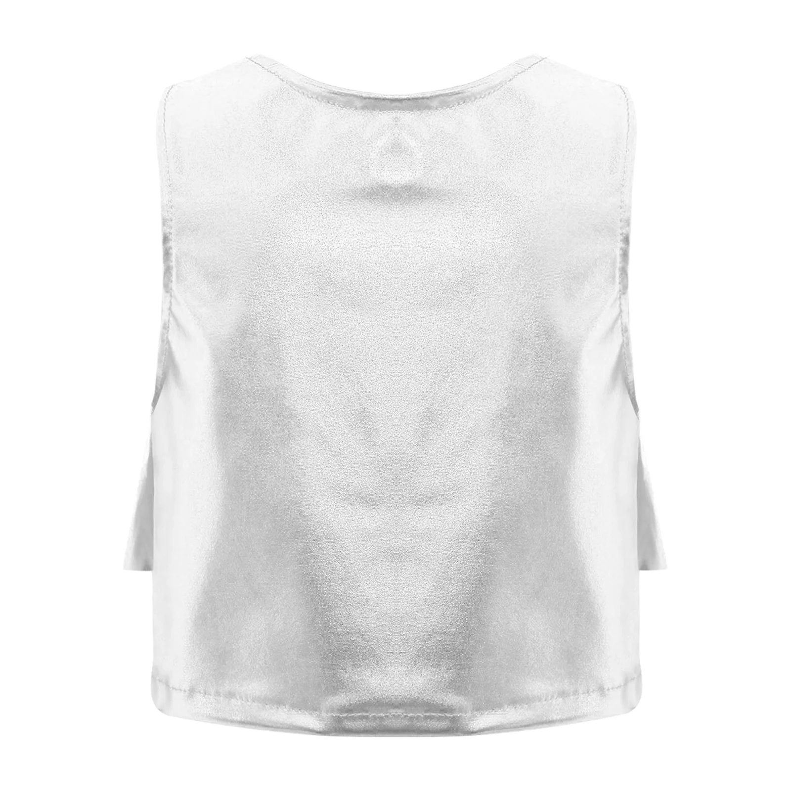 Kids Girls Jazz Dance Top Metallic Ruffled Vest Round Neck Sleeveless Cropped Tank Tops for Cheerleading Dance Stage Performance