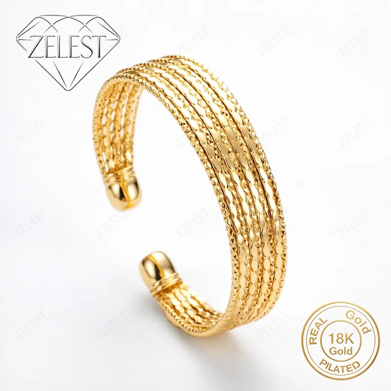 925 Sterling Silver 18K Gold Plated Exquisite Multi-Layered Hammer Open Bracelet Women's Fashion Wedding Party Jewelry