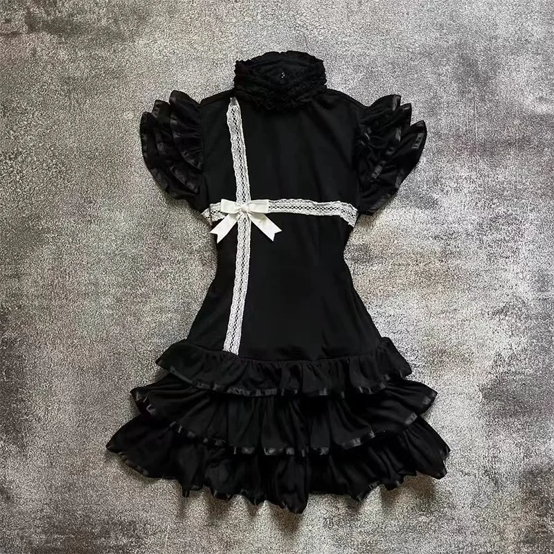 Japanese E-girl Gothic Vintage Dress Women Half High Neck Short Sleeve Bow Lace Mini Dress Cinch Waist Sweet Spicy Black Dress