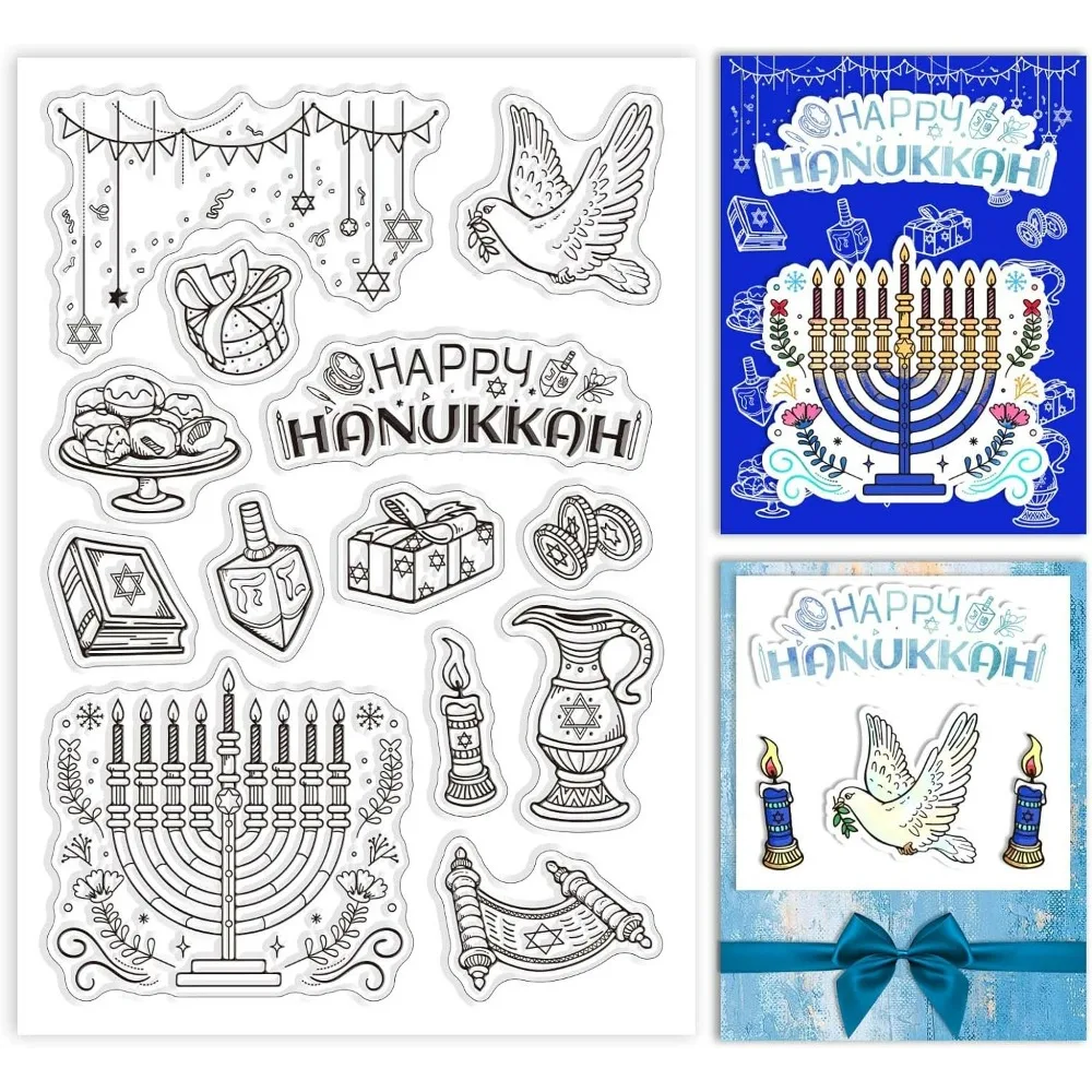 Happy Hanukkah Clear Stamps, 4.3x6.3 inch PVC Plastic Stamp Chanukah Label Stamps Candles Craft Stamps Coin Star Dessert