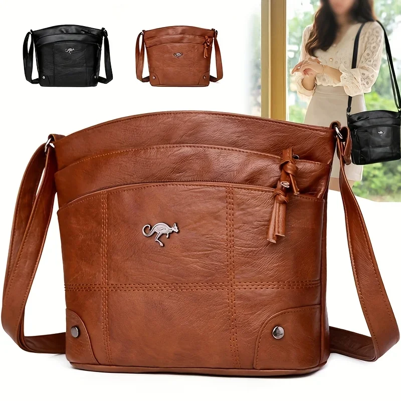 Retro Style Multiple Pockets Soft Leather Crossbody Bag, Simple Single Shoulder Bag for Daily Office, Parties, Dating, Going Out