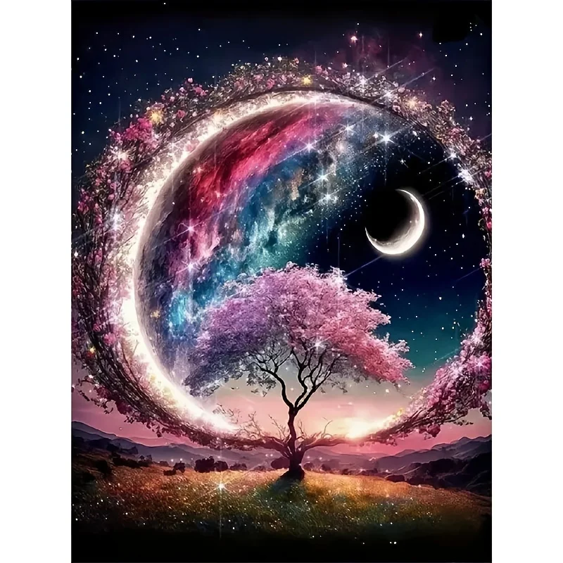1pc 5D DIY Landscape Series, Full Diamond Art Painting Set with Flowers, Full Moon, Life, Flower Tree Patterns