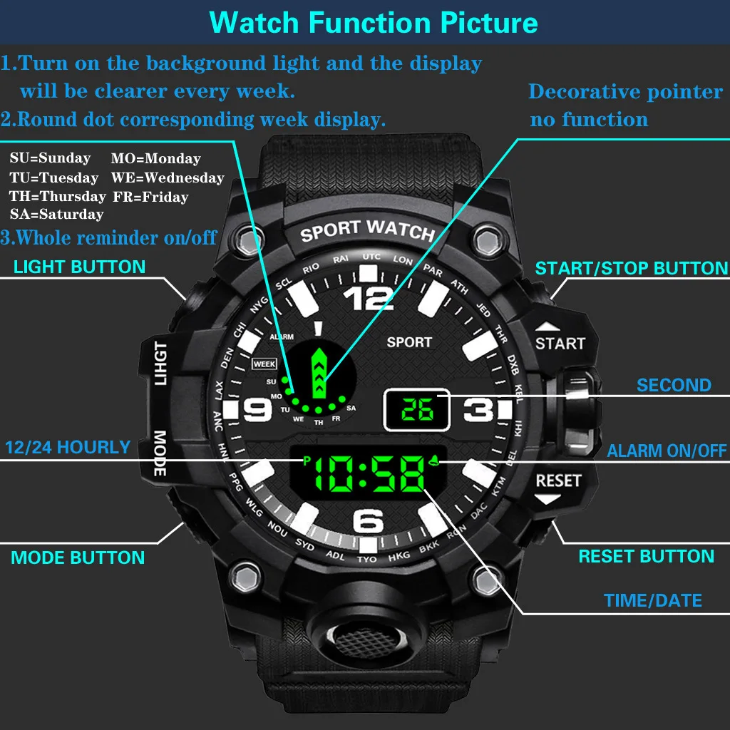 YIKAZE Sports Watch Men's LED Digital Watches Multifunction Military Clock Big Dial Waterproof Fitness Electronic Watch For Man