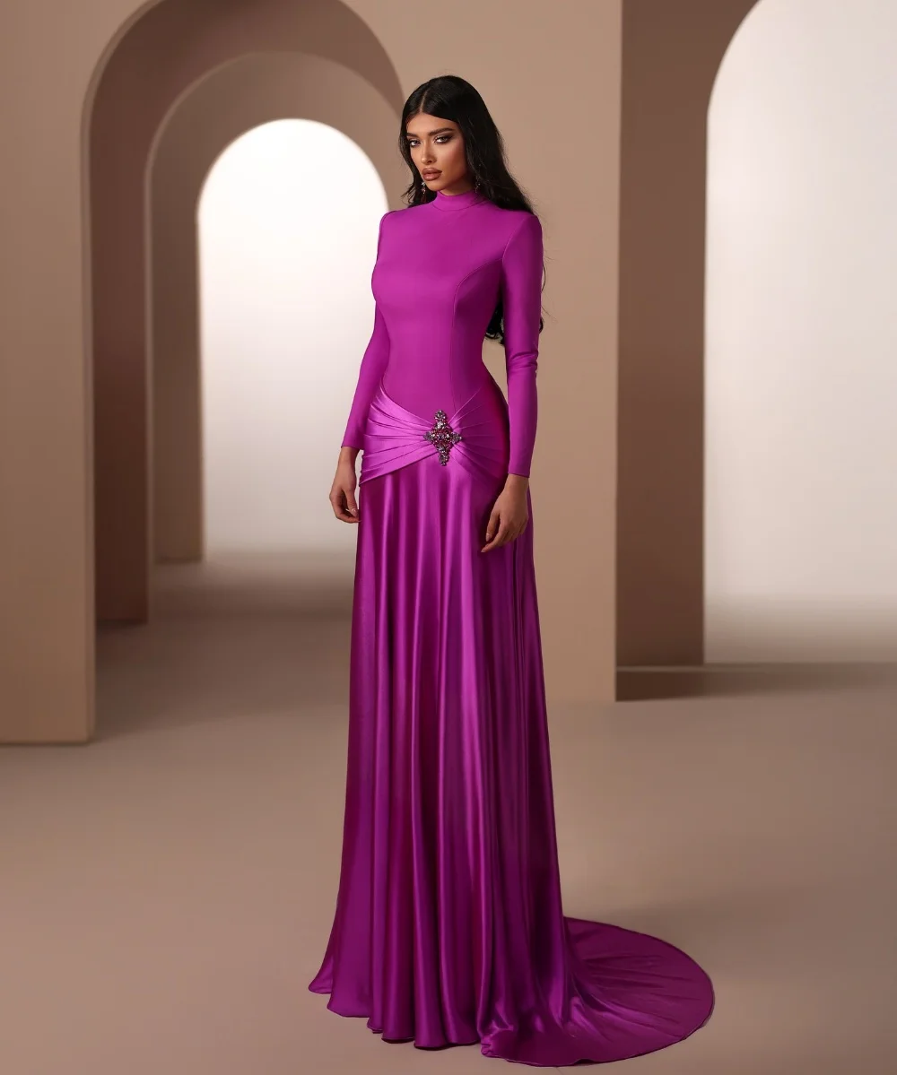 

Customized Charmeuse Pleat Sequined High Collar A-line Purple Long Dresses Bespoke Occasion Party Gown Simple Elegant Formal