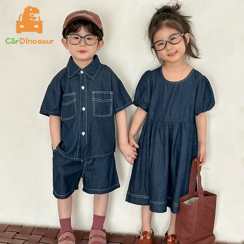 2026 Summer New Casual 1-12 Years Kids Brother Sister Family Matching Outfits Cotton Denim Girl Dress Boy Shirt Shorts Set