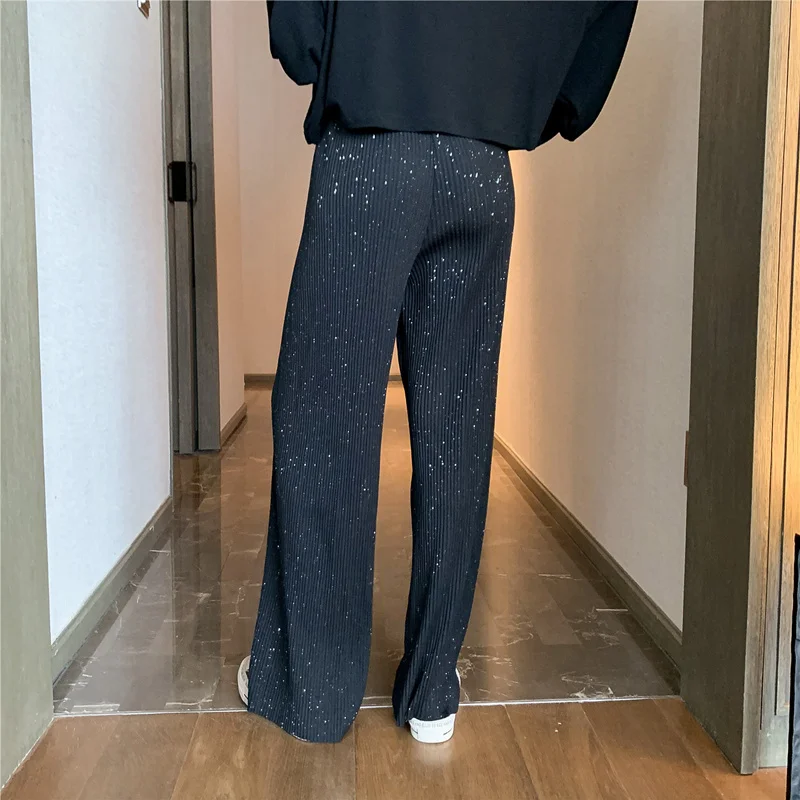 กางเกงขายาวสตรีสีกากีม้วนขึ้นจุดหัวไชเท้าปีกยืดสูงหนังสือพิมพ์ผลกระทบผลกระทบยาวถึงเข่าพรุนเรืองแสง