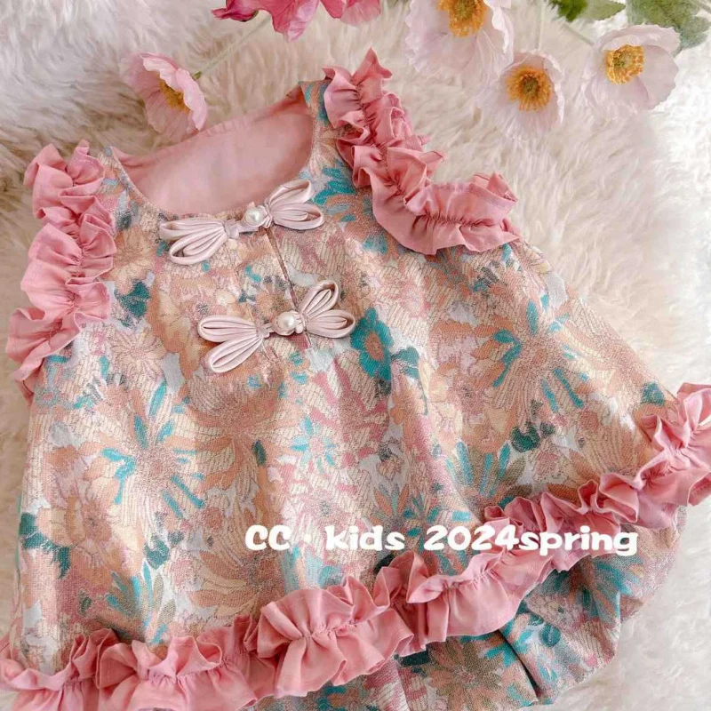 

Children's Clothing Girls' Summer New Baby Girls' Heavy Industry Sweet New Chinese Style Lace Two-Piece Set Tide