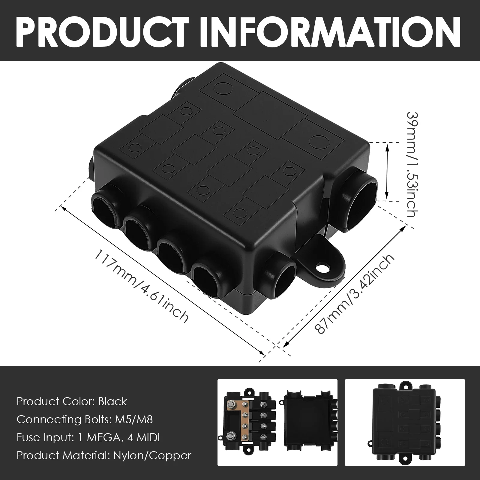Protective Distribution Fuse Box for 1 x Mega + 4 x Midi Fuses  Nylon and Copper Distribution Fuse Block or High and Medium Circ