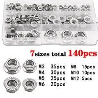 140 Uds M3 M4 M5 M6 M8 M10 M12 304 tuercas con reborde hexagonales de acero inoxidable tuerca dentada Spinlock Kit surtido de tuercas de bloqueo DIN6923