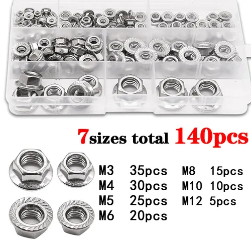 Imagen 1 del producto 140 Uds M3 M4 M5 M6 M8 M10 M12 304 tuercas con reborde hexagonales de acero inoxidable tuerca dentada Spinlock Kit surtido de tuercas de bloqueo DIN6923