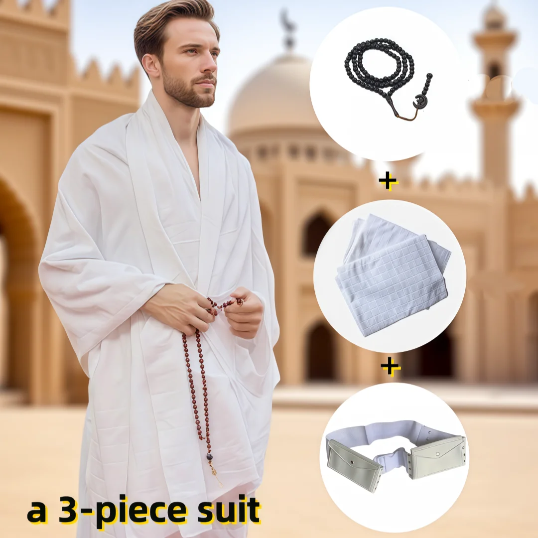 

Men's Muslim Dresses Long Sleeve Shirts Kaftan With Prayer Beads and Waist Bag Muslim Long Gown Thobe Robe for Men
