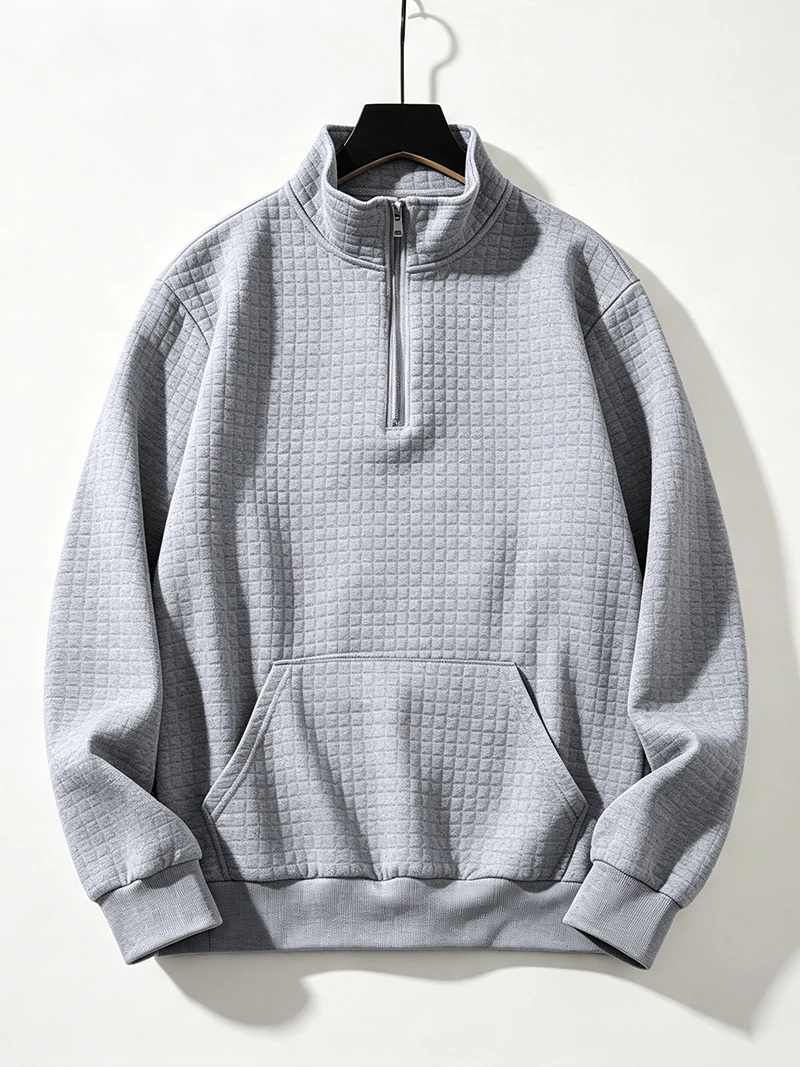Herren Waffelstruktur Stehkragen Halbreißverschluss Langarm-Sweatshirt mit Kängurutasche, Locker Geschnitten, Frühling Herbst Weicher Lässiger Pullover – Detail 4
