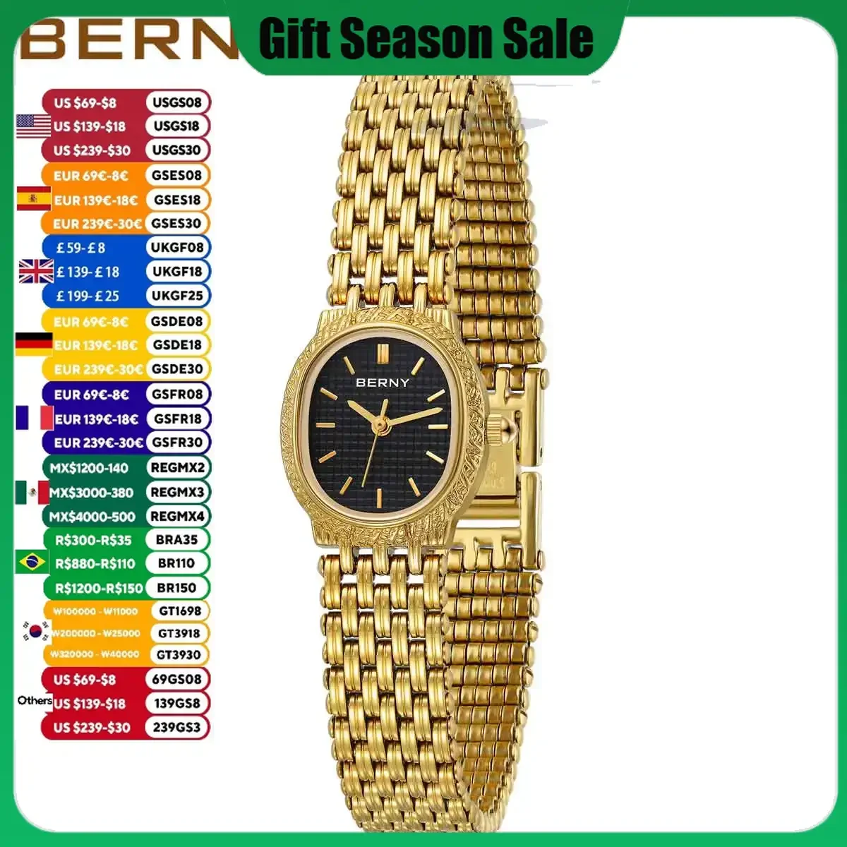 BERNY Women Quartz Watch Gold Stainless Steel Strap Luxury Elliptical Wristwatch Waterproof Simple Retro Dress Watch for Women