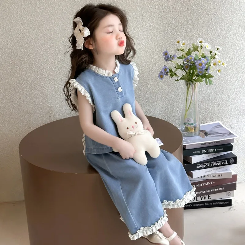 

Girls' Lace Sleeveless Denim Suit 2026 Summer New Wide-leg Pants Two-piece Set