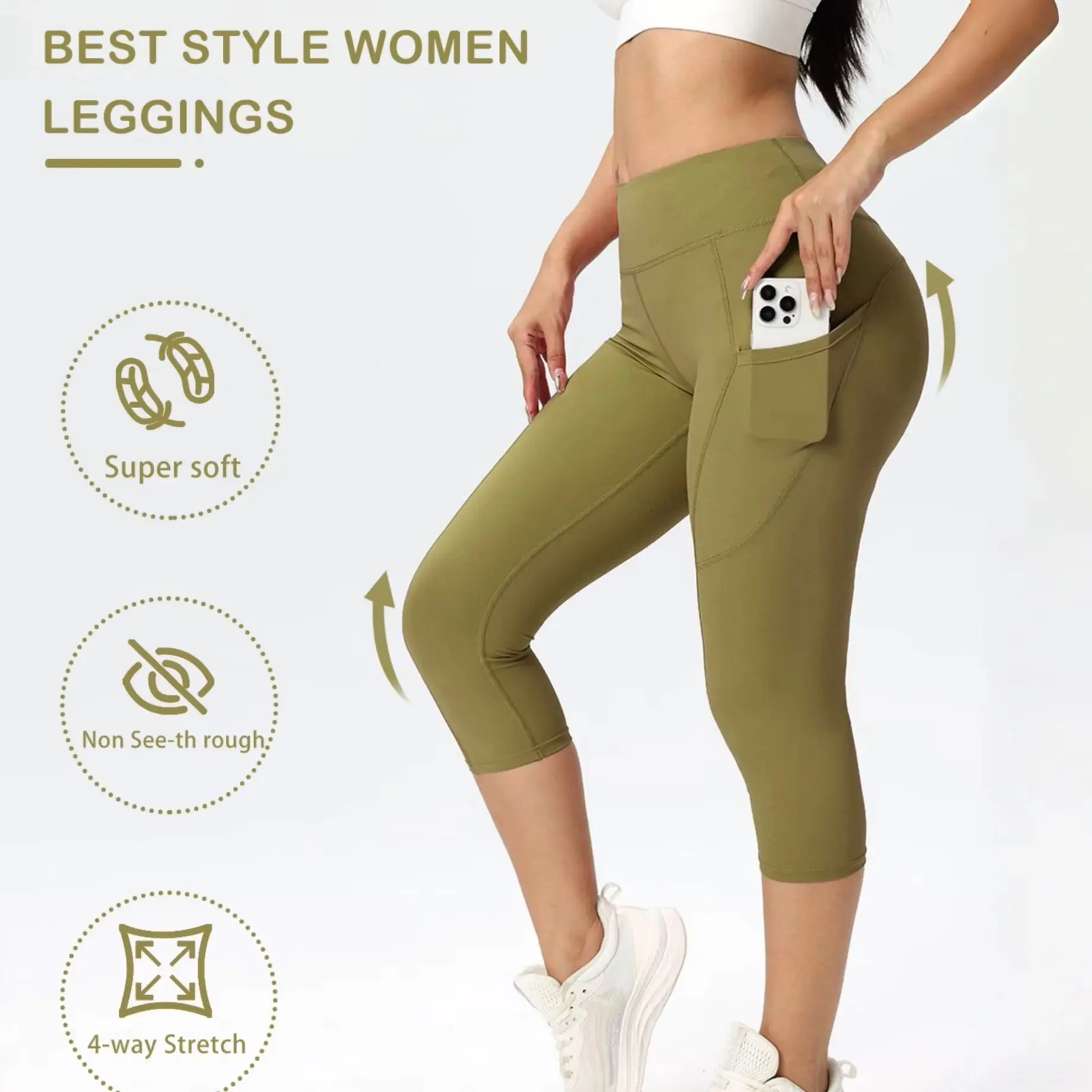 High Waist Capri Yoga Leggings With Side Pocket Butt Lifting Stretch Soft 3/4 Length Workout Fitness Capri Pants For Women