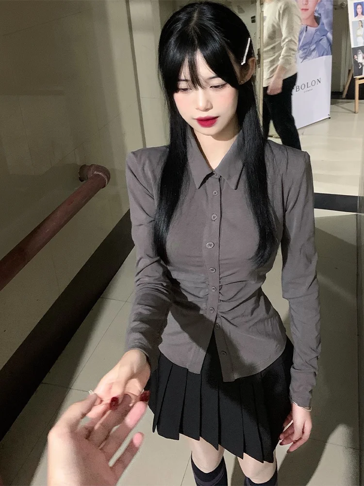 

UK Bla Women's Slim Fit Long Sve irt Waist Cinching Meat Covering Collar Button Detail Pure Color Commute Sle