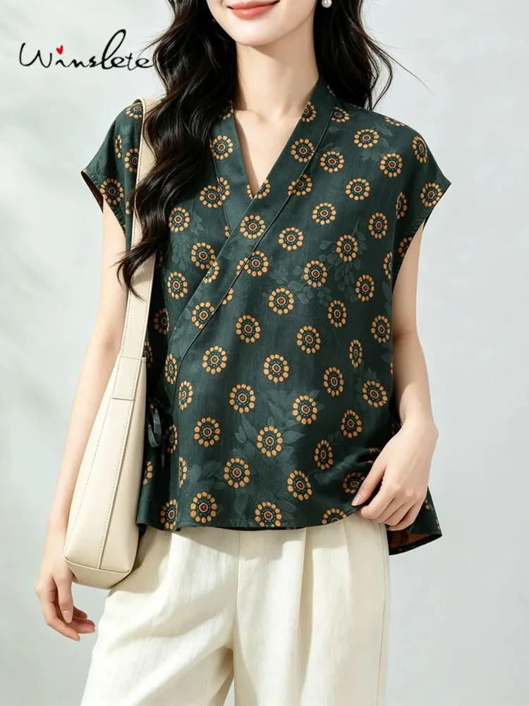 Winsleter-100%Real Silk Watered Gauze Elegant Vest, V Neck Floral, Women Retro Chic Commute Loose Vest, 2026 Summer New T68263CC