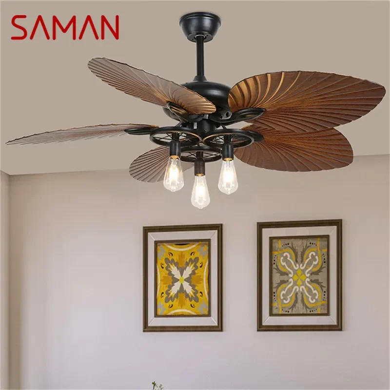 SAMAN European Luxury LED Fan Light American Retro  Living Room Restaurant Bedroom Ceiling Fan Light Remote Electric Fan Light