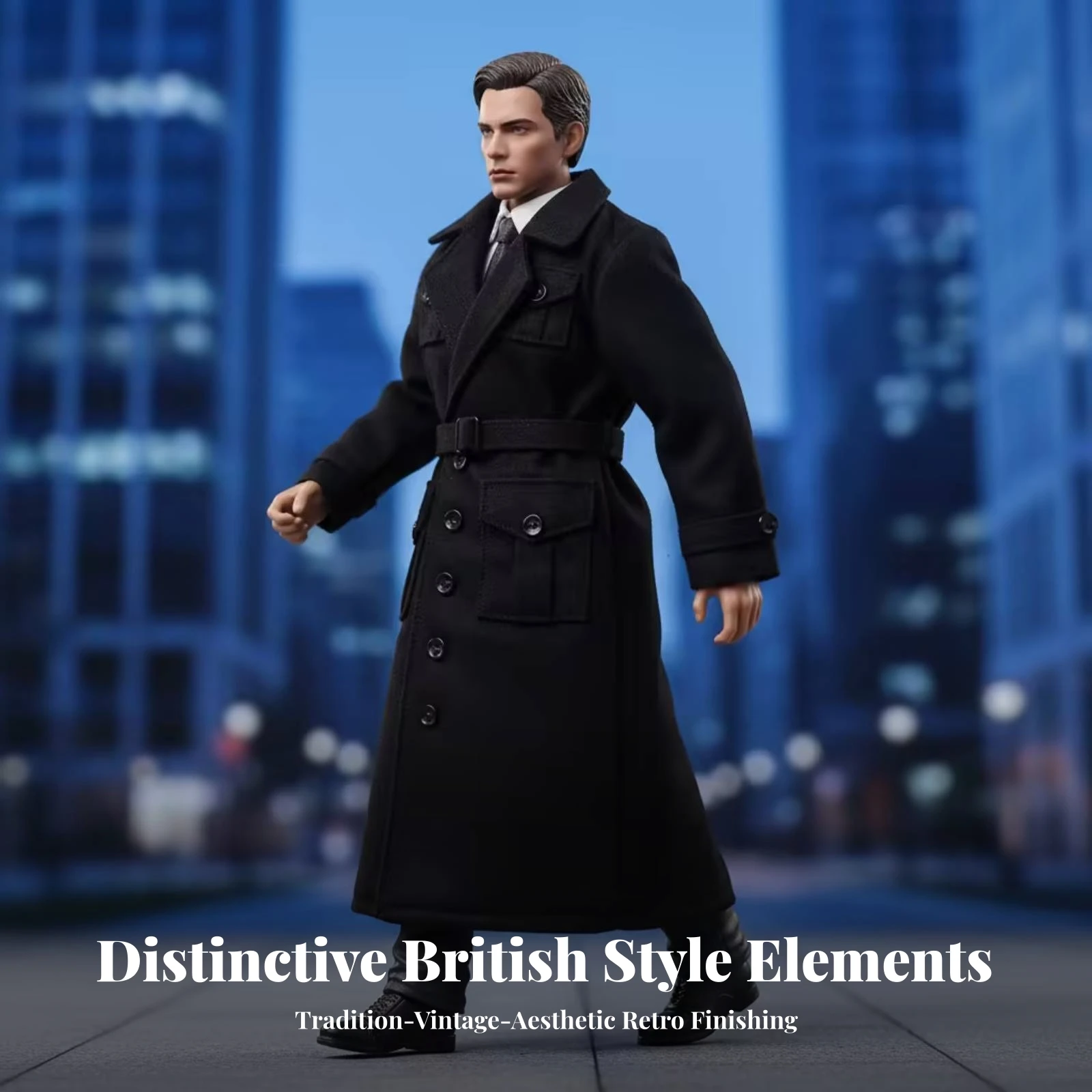 Black Doll Overcoat Coat Appliqué Pockets Cuff Straps 1/6 Scale Overcoat Coat Miniature Apparel