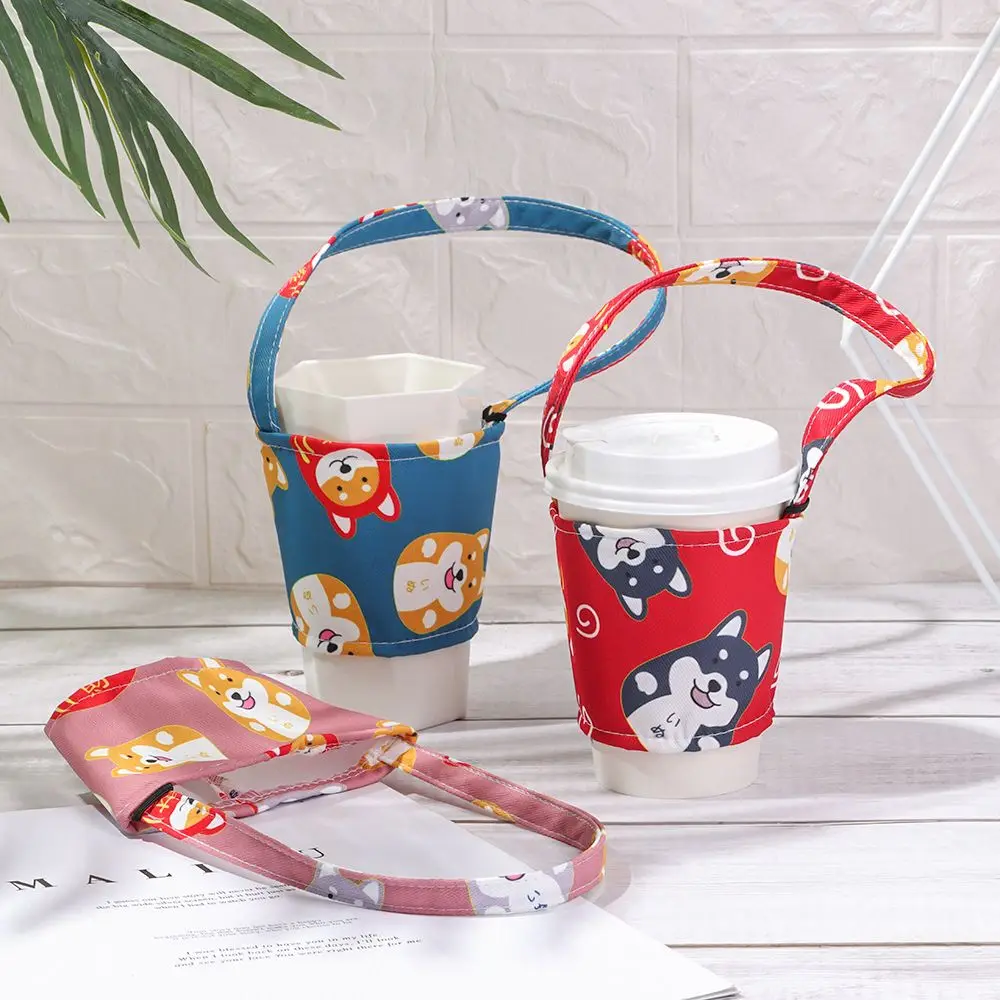 Travel Picnic Japanese Reusable Beverage Cups Holders Portable Dog Series Canvas Coffee Tea Mug Bag