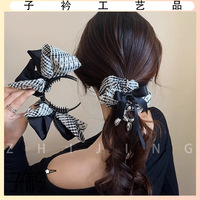 2025 New Bow Hairpin Plaid Retro Female Hair Tie Large Side Grab Clip High-end Semi-tie Hair Back Ponytail Clip