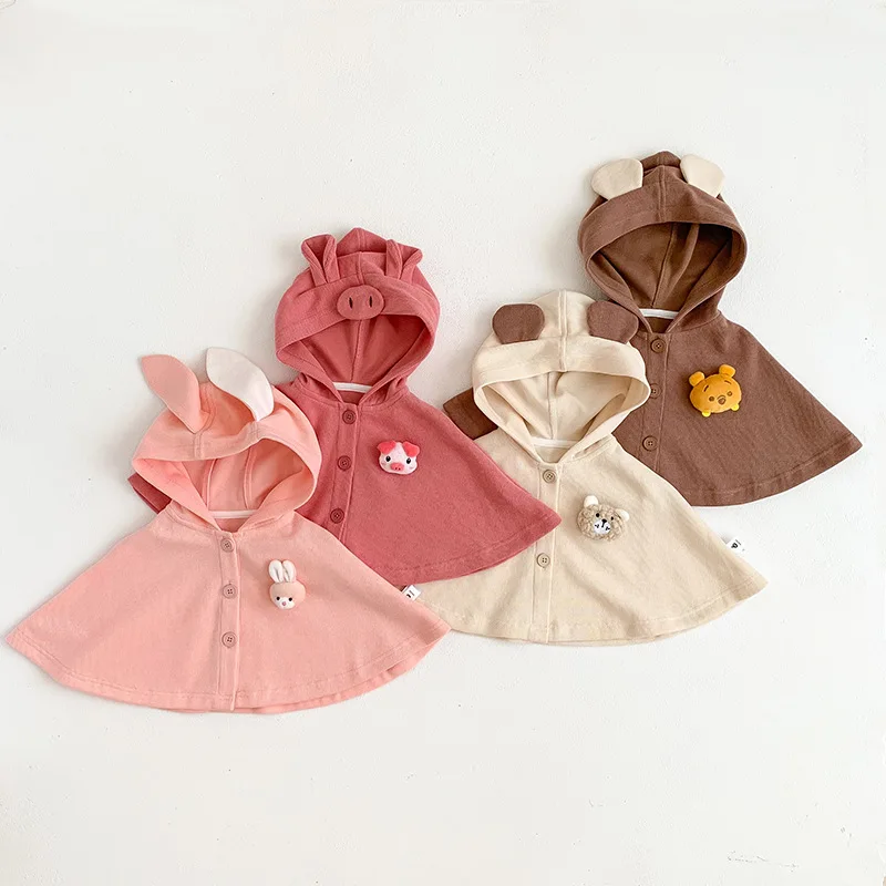 

2024 Spring Autumn Newborn Girls Cloaks Cotton Hooded Buttons Cartoon Infant Girls Coat Windbreaker Exterior Baby Girls Cloak