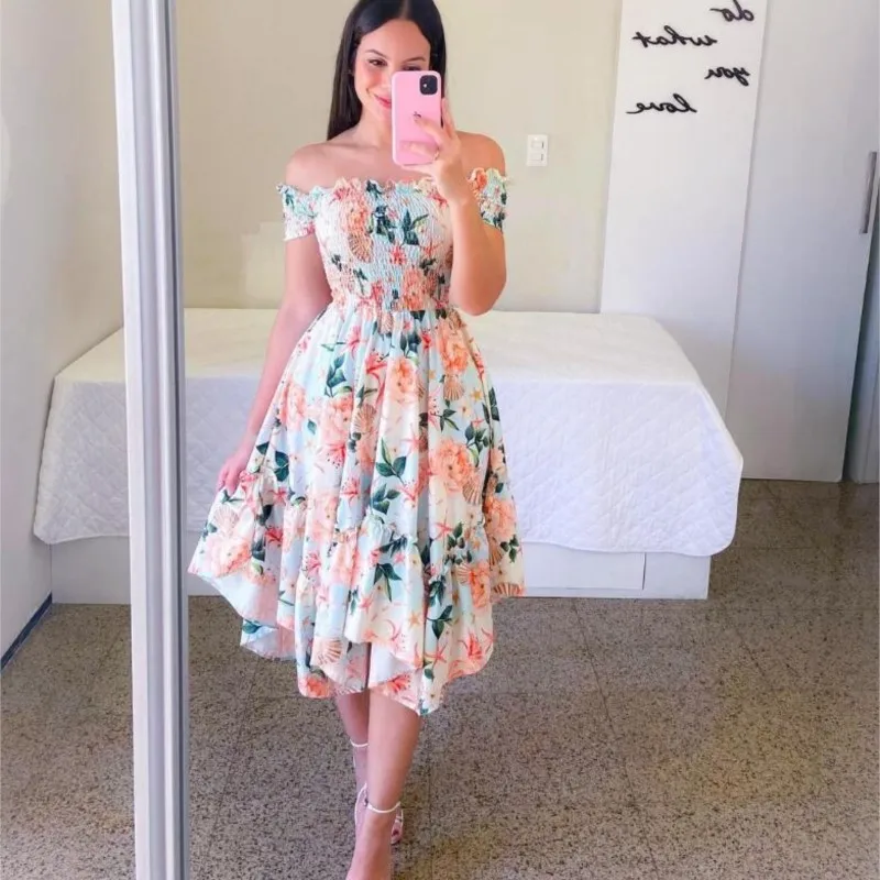 2025 Mode strapless jurk met korte mouwen en print, 6 kleuren