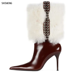 2025 Women Pointed Toe Fur Mid Calf Boots Stiletto Heels Ankle Rivet Fashion Shoes In Winter Solid Plush Sexy Party Dress SHOES