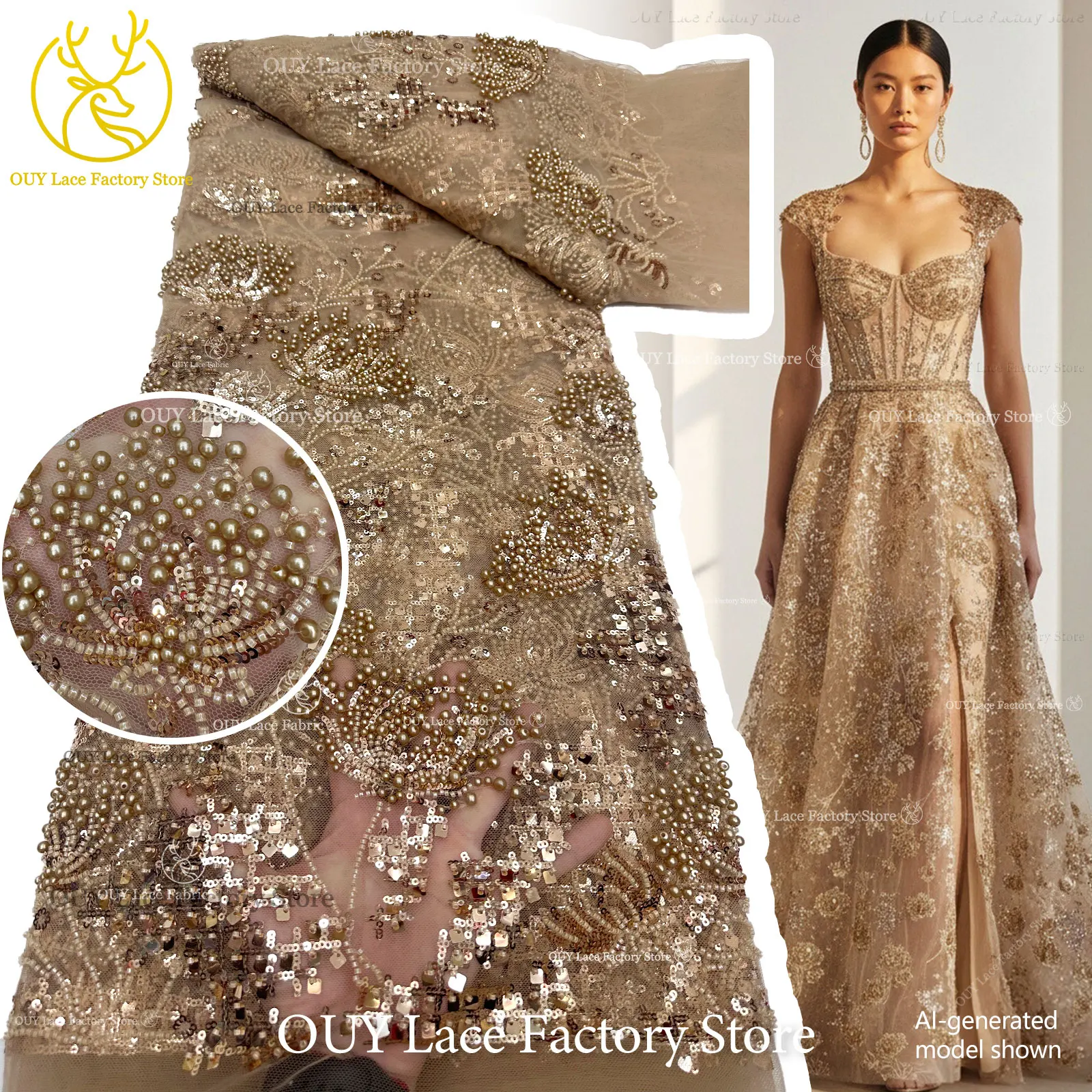 Goldener afrikanischer Spitzenstoff, französischer Mesh-Spitzenstoff mit Pailletten und Perlen für Party- und Abendkleider, zum Nähen von afrikanischen Spitzenstoffen für Damen – Detail 4