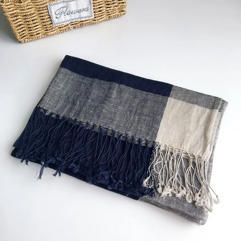 Large Size Summer Pure Linen Scarf Striped Beach Sunscreen Linen Scarf Autumn And Winter Warm Big Tassel Navy Blue Scarves