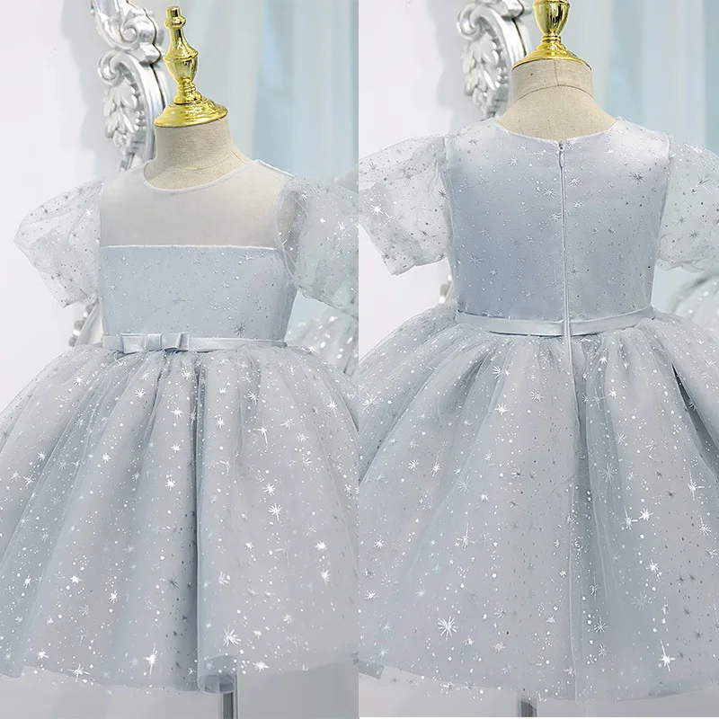 

Short Wedding Flower Girl Dress Child Princess Bow Prom Dress Simple Short Sleeve Lace Shining Star Birthday Party Summer