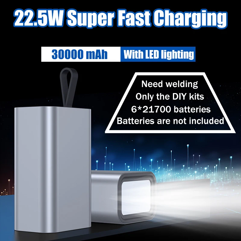 DIY 21700 Battery Power Bank Kit 30000mAh Camping LED Light, PD/QC 22.5W Fast Charging USB-C/Micro Input  Aluminum Case