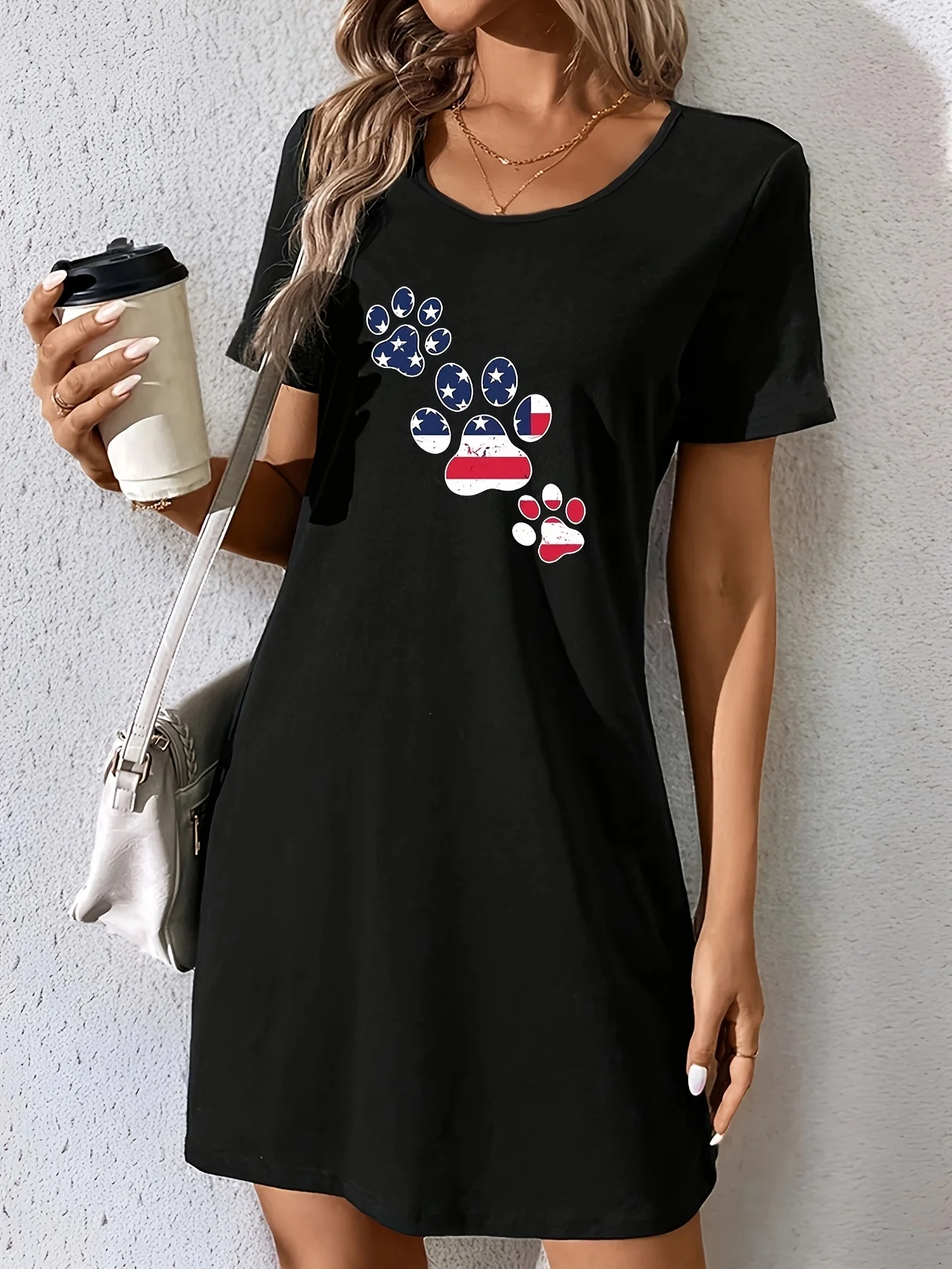 

Plus Size Women's Fashion Letter Pattern T-shirt Dress Casual Round Neck Short Sleeve Stretch Blended Summer Casual Style Dress