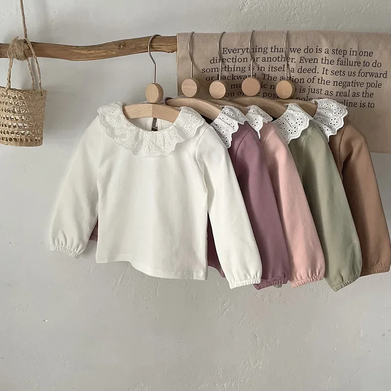 

Undershirt Baby Spring Autumn Simple Embroidery Lapel Collar Tops Cotton Long Sleeved T-shirt Pleated 2023 Childrens Clothing