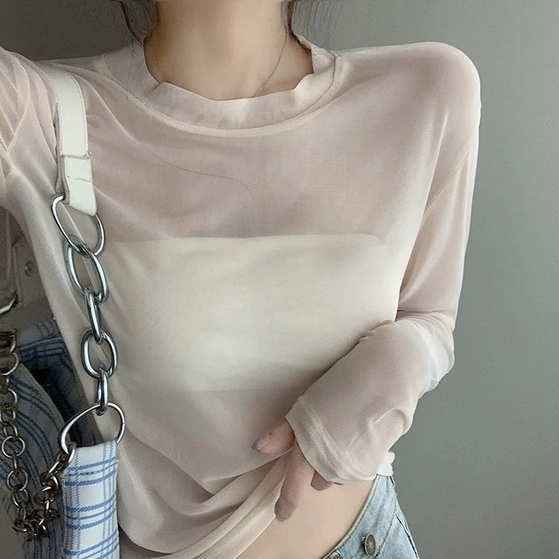 in Early Spring of 2023 New Thin Long-sleeved Blouse with T-shirt Inside the Nd See-through Mesh Bottom for