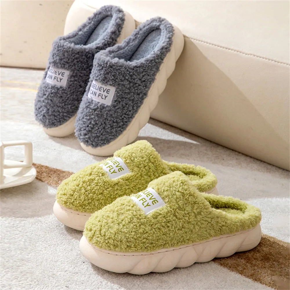 Pantoufles d'intérieur et d'extérieur pour hommes et femmes, toboggans épais, peluche, talons hauts, fourrure, coton, chaussures pour couples, doux, chaud, hiver