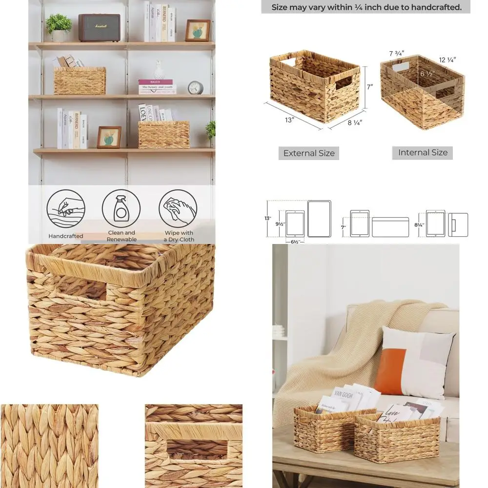 

Wicker Basket, Baskets for Organizing, Storage Basket with Built-in Handles, Water Hyacinth Shelves (Medium 2-Pack, Natural Hyac