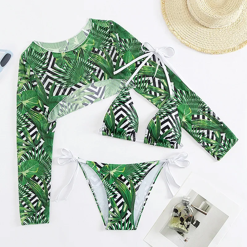 Women's 3 Piece Swimsuit Set Sexy Thong Bikini String Swimwear With Long Sleeve Cover Up Top Leaf Print Beachwear Bathing Suit