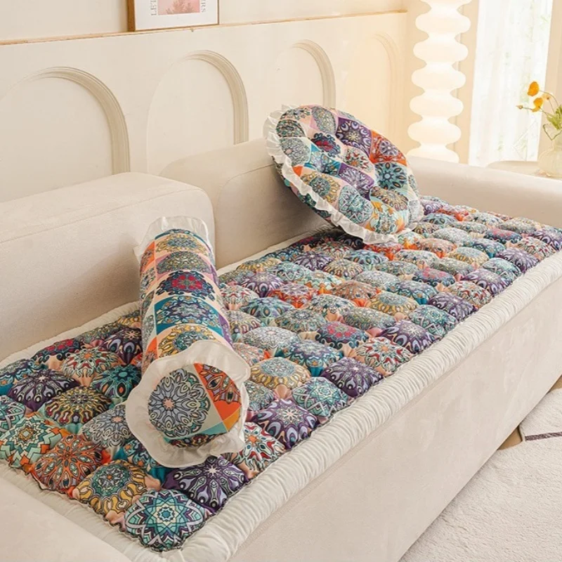 Plush Velvet Sofa Cushion Pastoral Style Seat Dust Cover PP Cotton with Fillings Multi-Functional Non-Slip Bay Window Tatami Pad