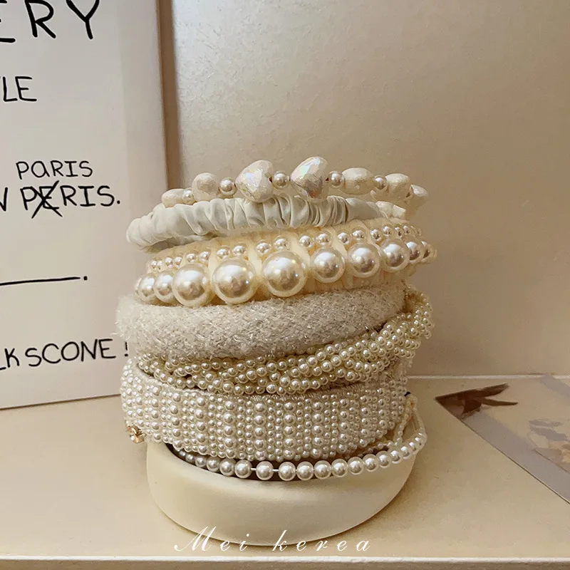 Korean Luxury Fabric Imitation Pearl Headbands for Women Twisted Super Shiny Leaf Full Rhinestones Hair Hoop Trendy Accessories