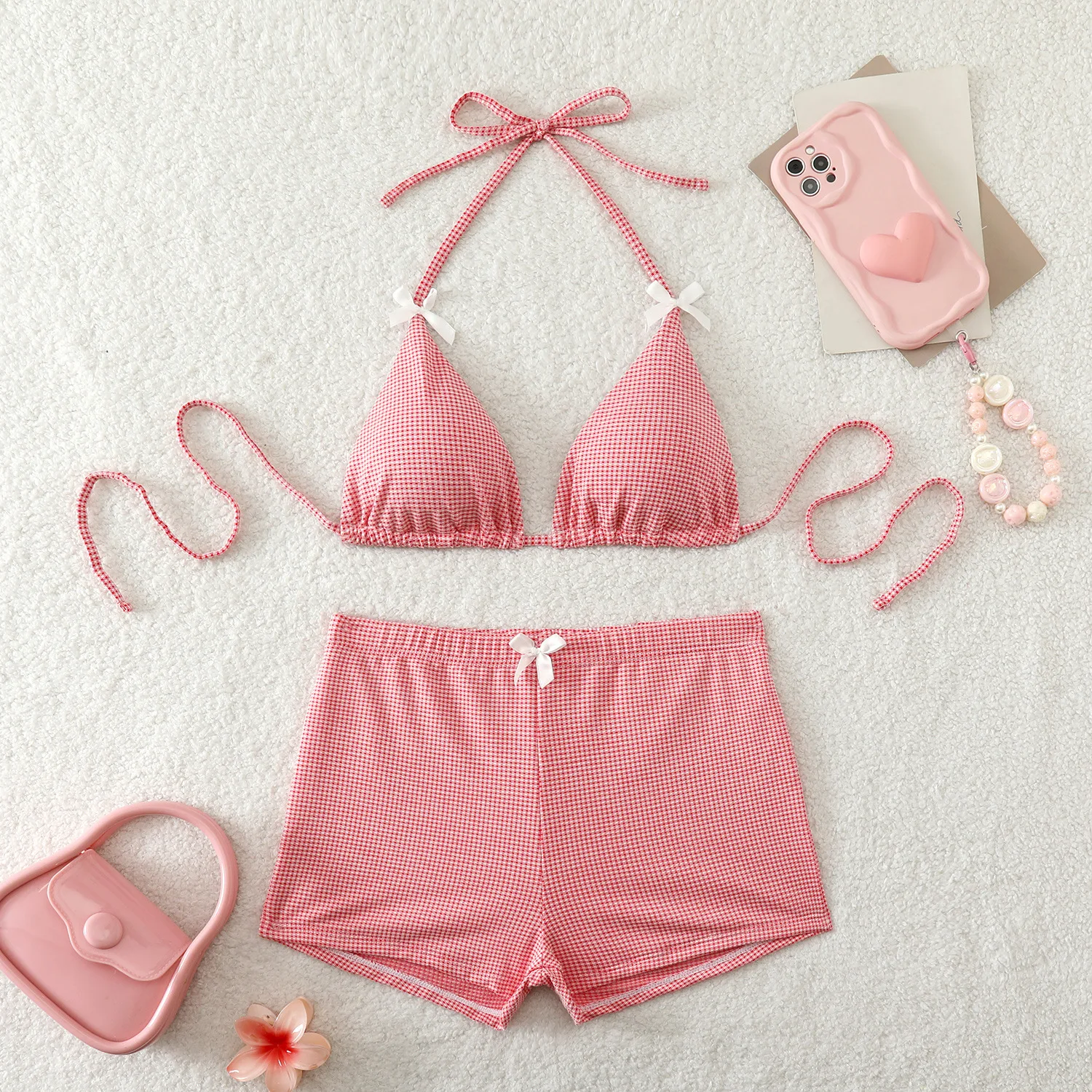 Pure Style Backless Boyleg Bow Detail Bikini Set 2026 Women's Fresh Print Swimwear Sexy Corset Swim Shorts Suit Two Piece Outfit