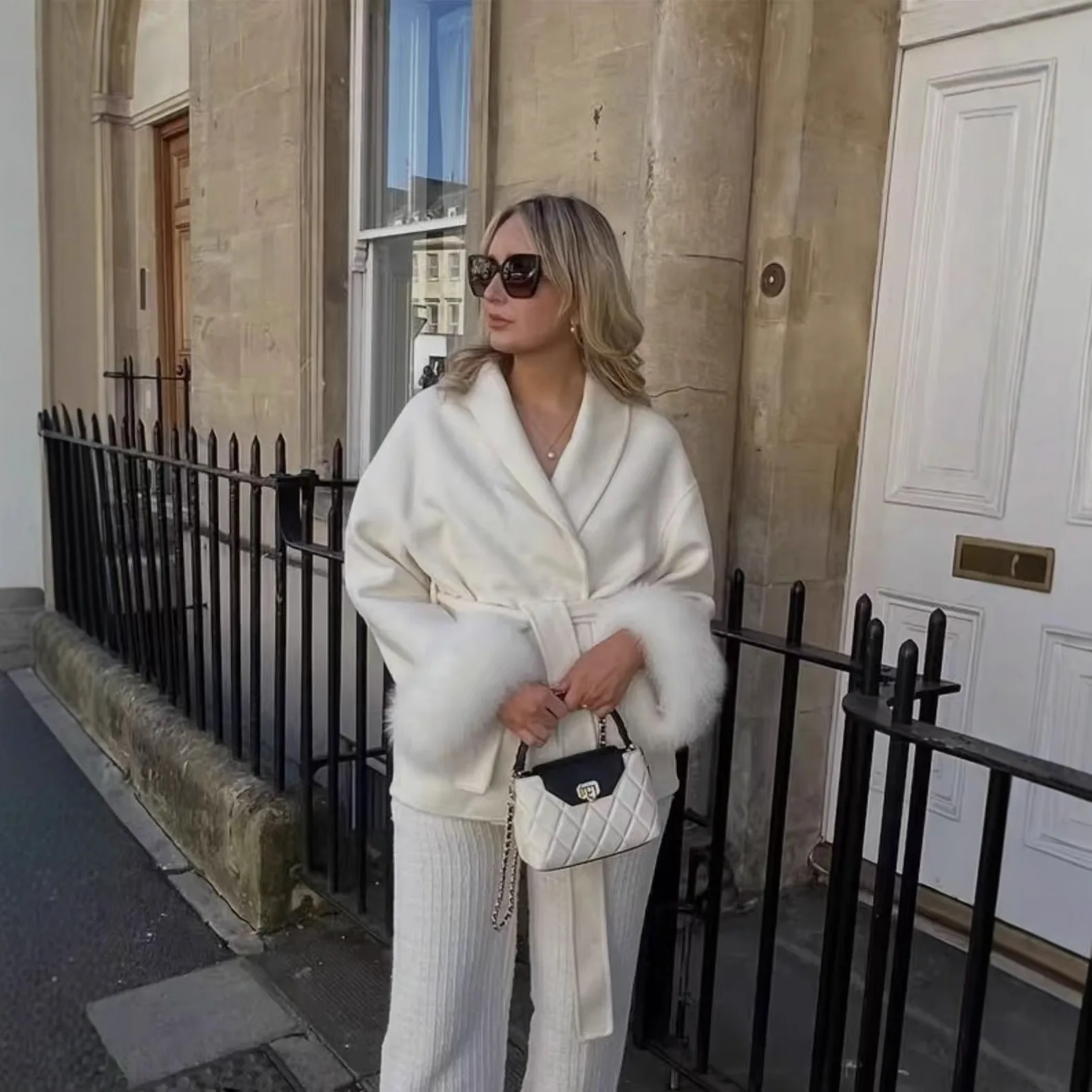 

Socialite Winter New Woolen Coat Elegant Solid Color Furry Cuffs Long Sleeve Leace-up Cardigan Woolen Fashionable Temperament