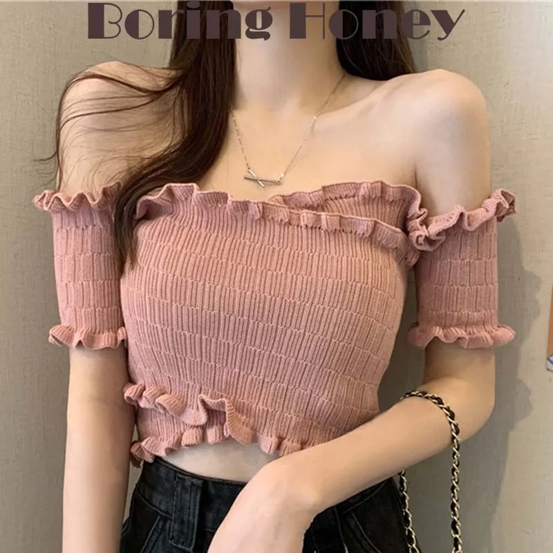 

Boring Honey Women New T-Shirt Fashion Knitting Crop Top European American Style Dew Shoulder Lapels Short Sleeves Women Clothes