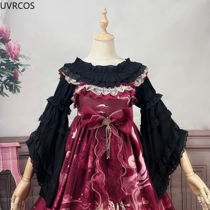 Camisas de Lolita Vintage victoriana para mujer, blusas de gasa con volantes de encaje Kawaii con cuello redondo y manga acampanada, blusas