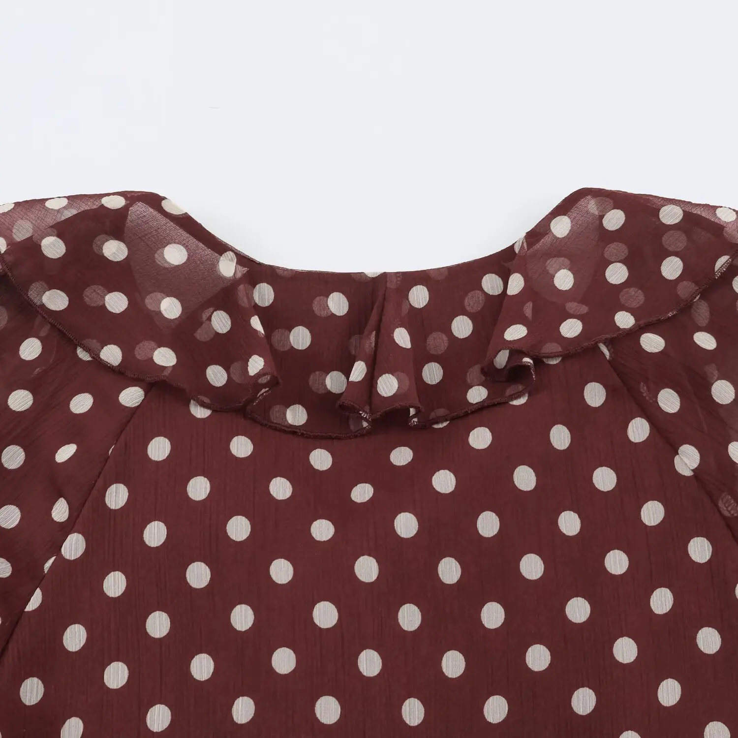 BSAY 2026 Herbst Vintage Polka Dot Damenbluse mit V-Ausschnitt, geschichtetem Rüschensaum, Laternenärmeln, Kordelzug am Ärmelbund und lässigem Schnitt – Detail 7