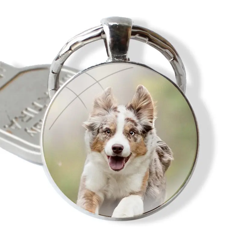 Keychain Handmade Glass Cabochon Key Ring Holder Pendant Key Chains Australian Shepherd