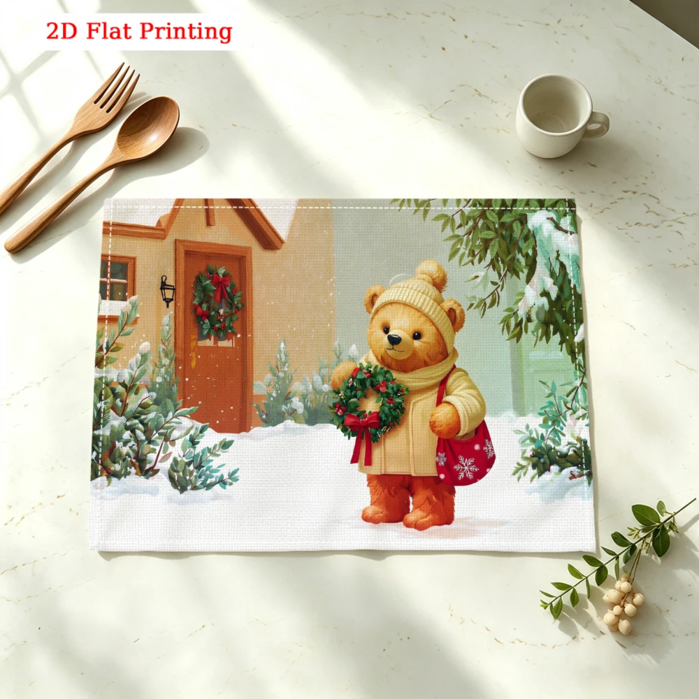 Bear Holding Wreath In Snow Kitchen Placemat Coaster Linen Pad Dish Coffee Cup Table Mat 30x40cm Home Decor