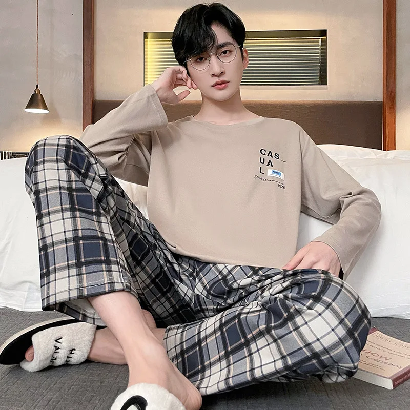 Spring and Autumn New Men\'s Pajamas Homewear Suit Men\'s Long-Sleeved Loose Korean Version of the Leisure Sports Homewear Suit