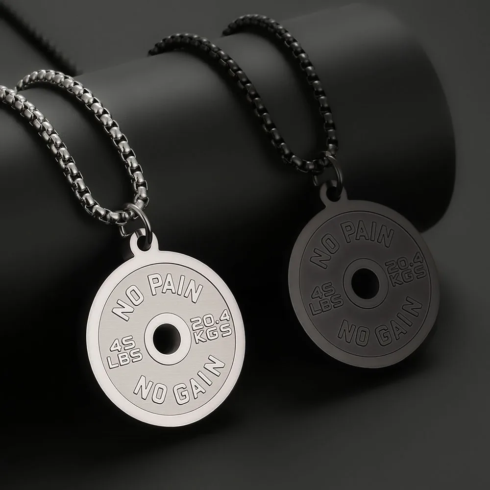 1PC  ING Fadeless Stainless Steel Round Dumbbell Pendant Necklace for Men NO PAIN NO GAIN Fitness Necklace Man Spiritual Jewelry